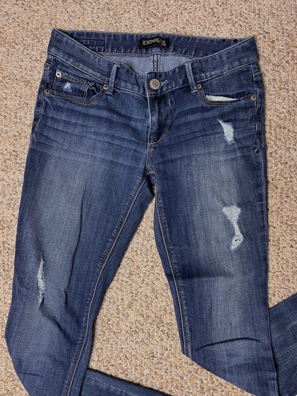 Express Women's Low Rise Medium Blue Distressed Skinny Jeans
